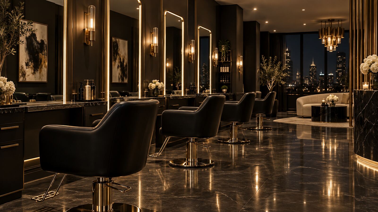 Illustrative image: a luxurious salon interior glowing at night