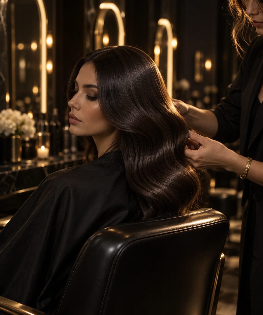 Illustrative image: a stylist finishing glossy hair in a dim salon