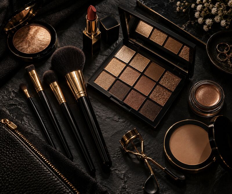 Illustrative image: professional makeup brushes and palette on black slate