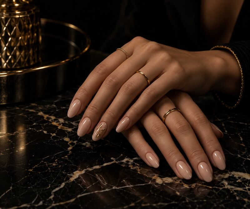 Illustrative image: manicured hands with nude polish on dark marble
